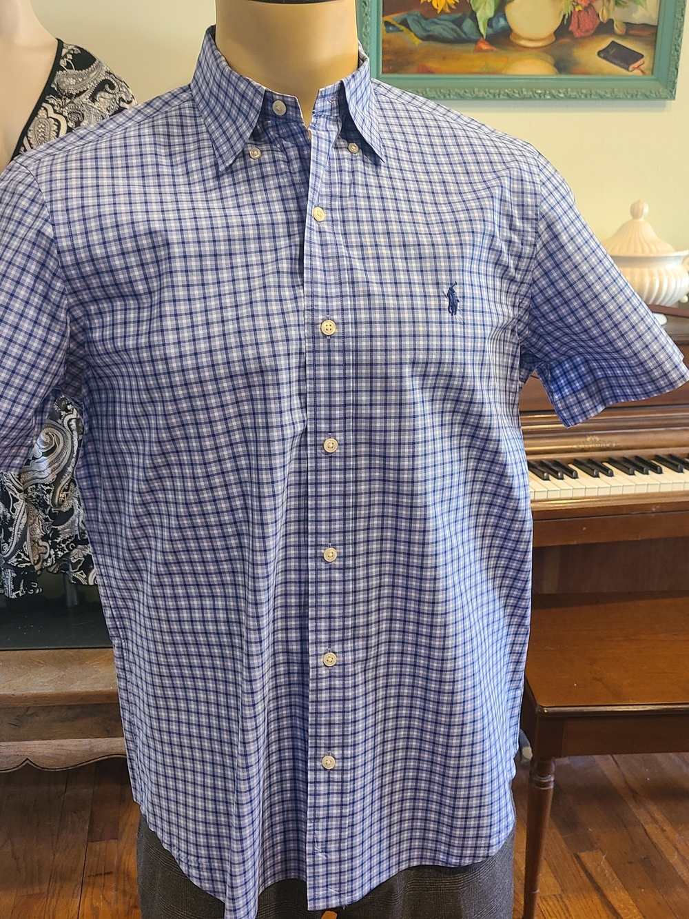 Ralph Lauren Blue and White Checked Short-Sleeve Button-Down Shirt